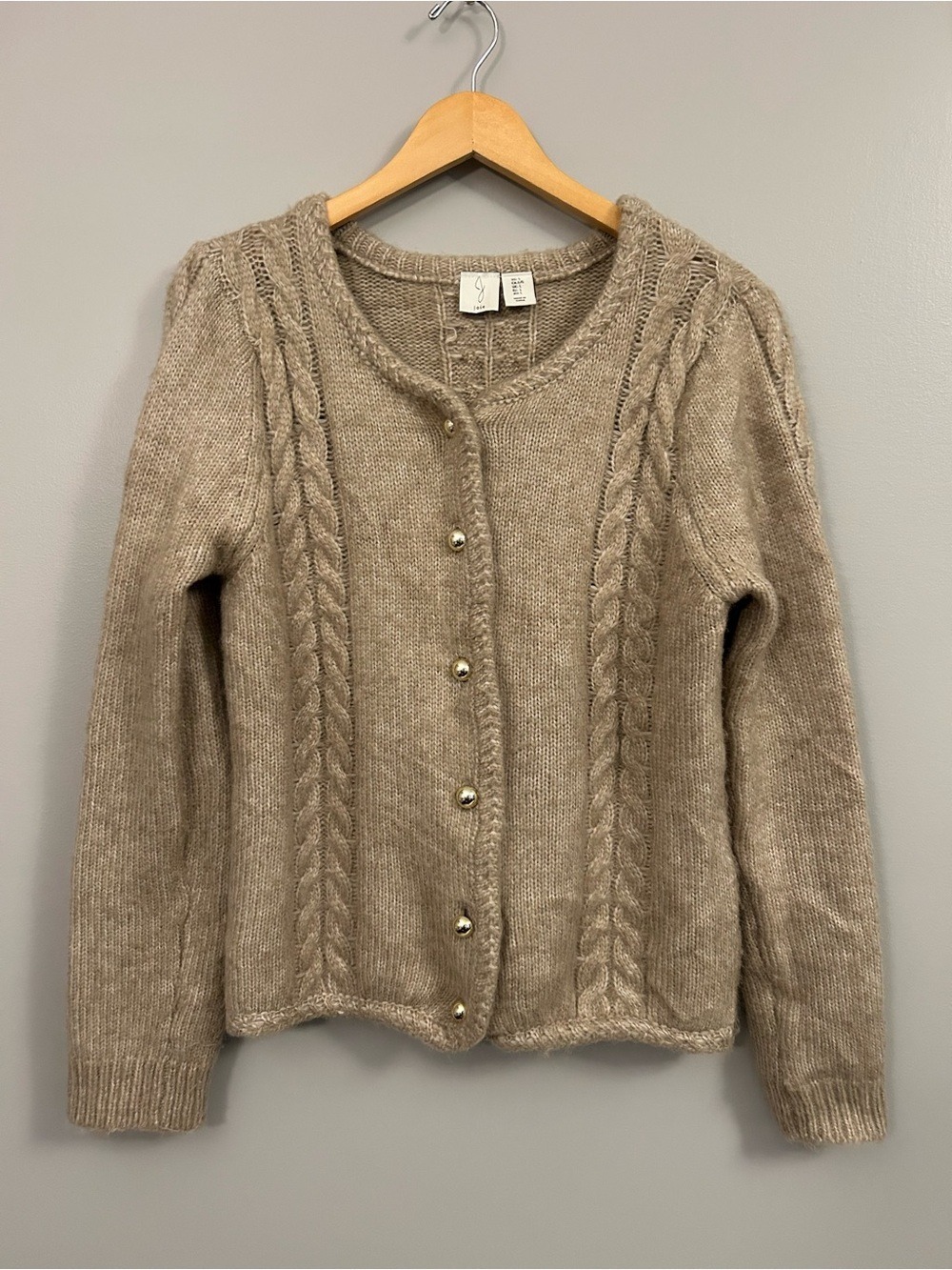 Joie Cozy Cable Knit Button-Front Cardigan Sweater - Taupe Large